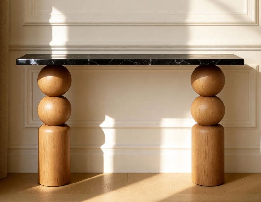 A console table with a black marble top and wooden legs. The legs are composed of stacked spherical elements resting on cylindrical bases. — 3D model