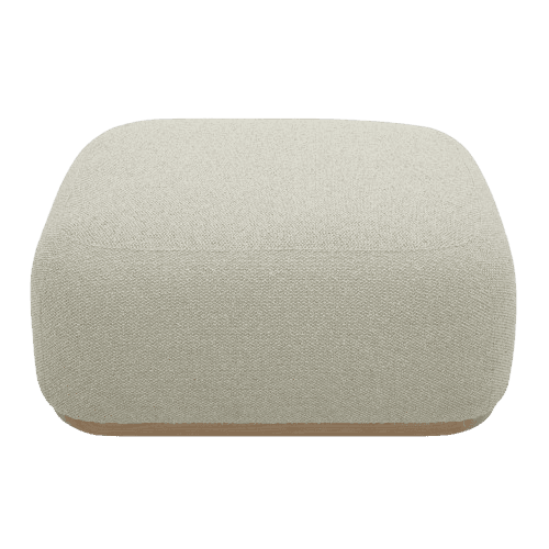 A modern rectangular ottoman featuring soft, rounded edges and light-colored textured fabric upholstery, set on a recessed natural wood plinth base. — 3D model