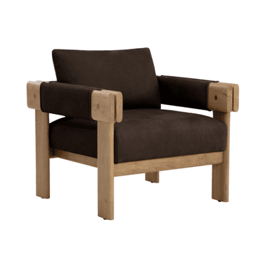 A robust armchair with a visible wooden frame and dark-colored upholstered cushions for the seat and back. The frame appears to be constructed from solid wood with a natural finish. The armrests are integrated into the side frame structure. Dark fabric straps are visible securing the back cushion and wrapping around the armrests. The design emphasizes a strong, angular aesthetic. — 3D model