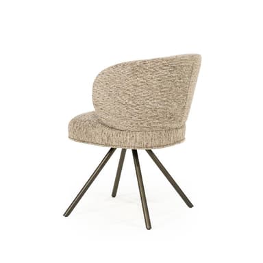 A modern armchair with a curved backrest and a upholstered seat. The chair features a four-legged pedestal base with splayed legs, constructed from metal. The upholstery has a textured woven pattern. The chair appears to be designed for dining or accent seating. — 3D model