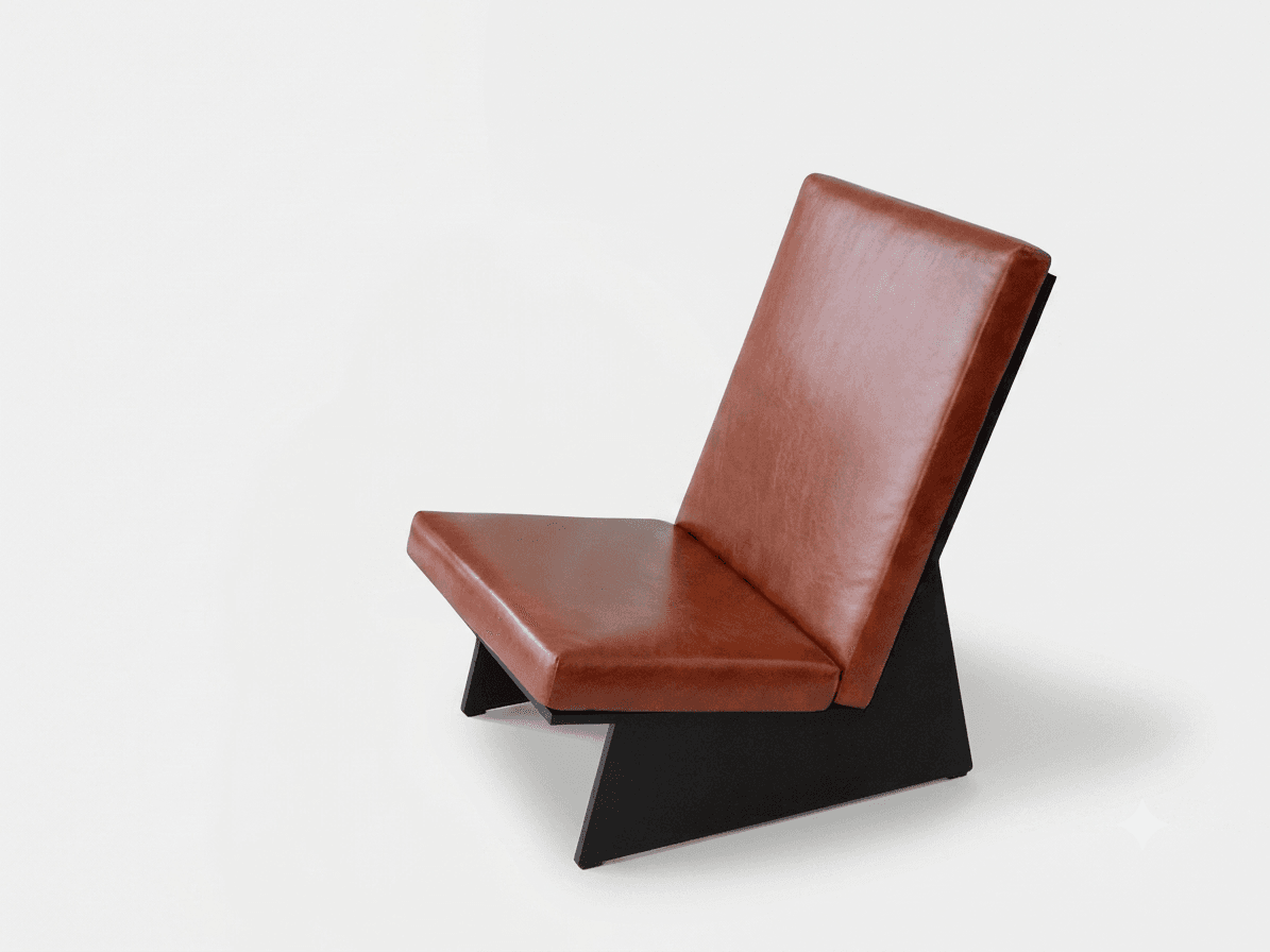 A modern low-slung armless lounge chair with brown faux leather upholstery and a dark, geometric base. — 3D model