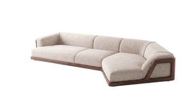 An L-shaped modern sectional sofa featuring a light beige fabric upholstery and a prominent dark stained wooden frame that forms the base and extends into the armrests. — 3D model