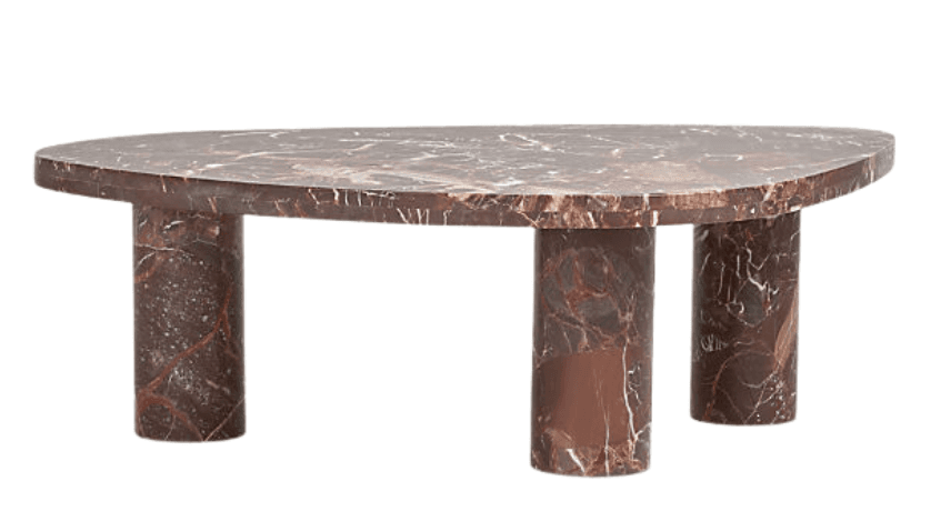 A low coffee table featuring an irregularly shaped, organic tabletop and three stout cylindrical legs, all crafted from reddish-brown marble with distinct white and lighter brown veining. — 3D model