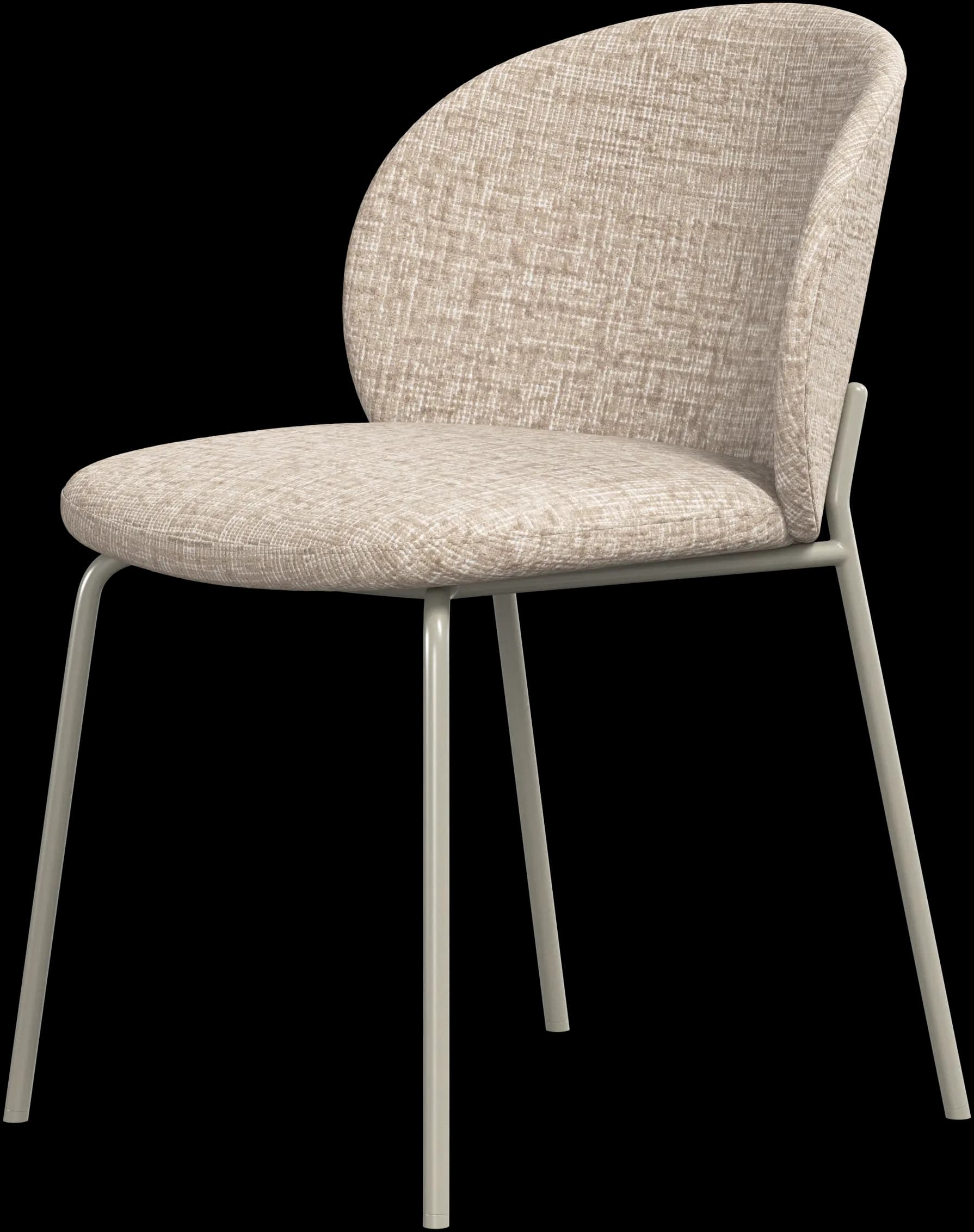 A contemporary armless chair featuring a fully upholstered seat and backrest in a neutral textured fabric, supported by a minimalist metal frame with four slender legs. — 3D model