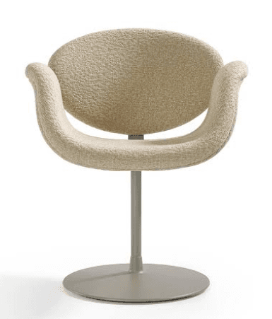 A modern swivel armchair featuring a rounded, single-piece upholstered shell that forms the seat, backrest, and integrated armrests. The chair is covered in a light, textured, bouclé-like fabric, presenting a soft and inviting appearance. It is supported by a central metal pedestal base that terminates in a flat, circular disc, indicating a swivel function. The base has a matte, grayish-tan finish, contrasting subtly with the lighter upholstery. — 3D model
