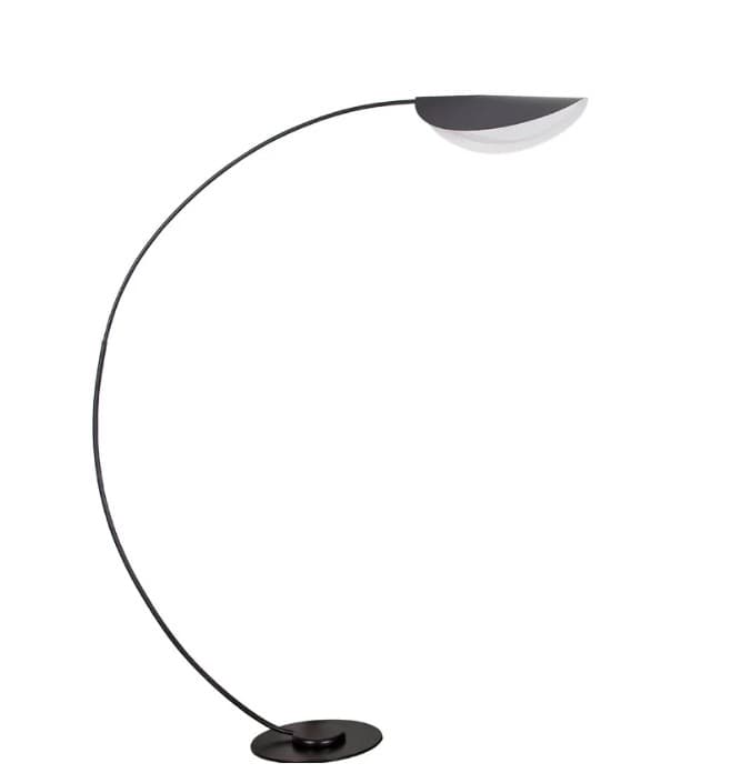 A modern arc floor lamp featuring a slender, gracefully curved black metal stem rising from a minimalist circular base. The light source is housed within a distinctive, asymmetric shade, which appears black on top and white or translucent on the bottom, suggesting a downward-facing illumination. The design emphasizes clean lines and a contemporary aesthetic. — 3D model