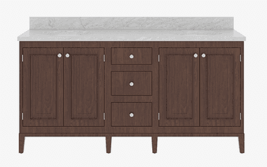 A dark wood double bathroom vanity with a white marble countertop featuring two integrated sinks. The vanity has a base with four legs, and its front features a combination of cabinet doors and drawers. The cabinet doors are panelled, and the drawers have crystal-like knobs. — 3D model