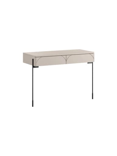 A contemporary minimalist console desk featuring a light beige top and two integrated drawers, supported by slender dark metal legs. The drawer fronts are adorned with subtle semicircular carved detailing, creating an integrated handle effect. The design is sleek and modern, suitable for various interior styles. — 3D model