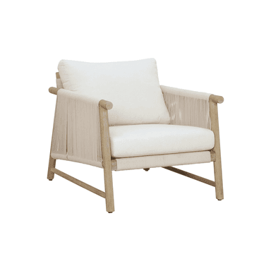 A contemporary lounge armchair featuring a light wood frame, intricate woven rope detailing on the back and sides, and plush, removable white fabric cushions. — 3D model