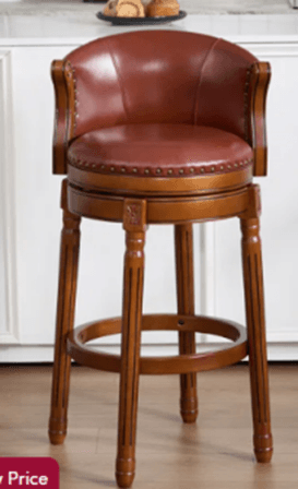 A swivel bar stool with a curved, upholstered backrest and seat. The upholstery is a reddish-brown leather, tufted with nailhead trim along the edges. The base and legs are made of wood, featuring turned details and a circular footrest connecting the legs. The stool appears to have a rotational mechanism for the seat. — 3D model