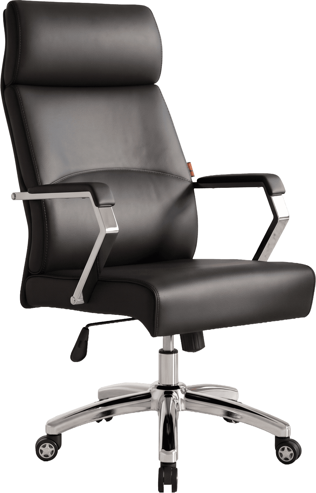 A modern executive office chair, upholstered in black leatherette, with a high back, padded armrests with chrome frames, and a polished chrome five-star base with caster wheels. It features a gas lift mechanism for height adjustment. — 3D model