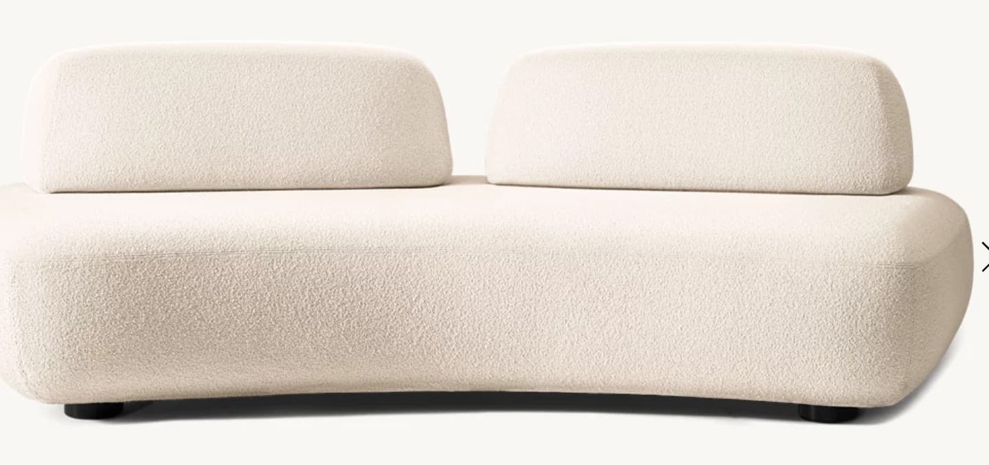 A contemporary, two-seater modular sofa element, upholstered in off-white boucle fabric, featuring a curvilinear base and two individual back cushions. — 3D model