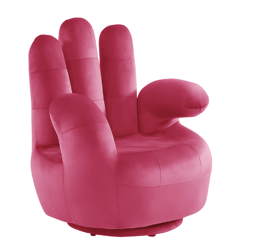 A novelty armchair designed in the shape of a right hand, in a raised gesture. The armchair features five distinct digits (four fingers and a thumb) forming the backrest and armrest. The seat is a rounded base, and the entire piece appears to be upholstered in a soft, plush fabric. It rests on a low, circular base that suggests it may be a swivel chair. — 3D model