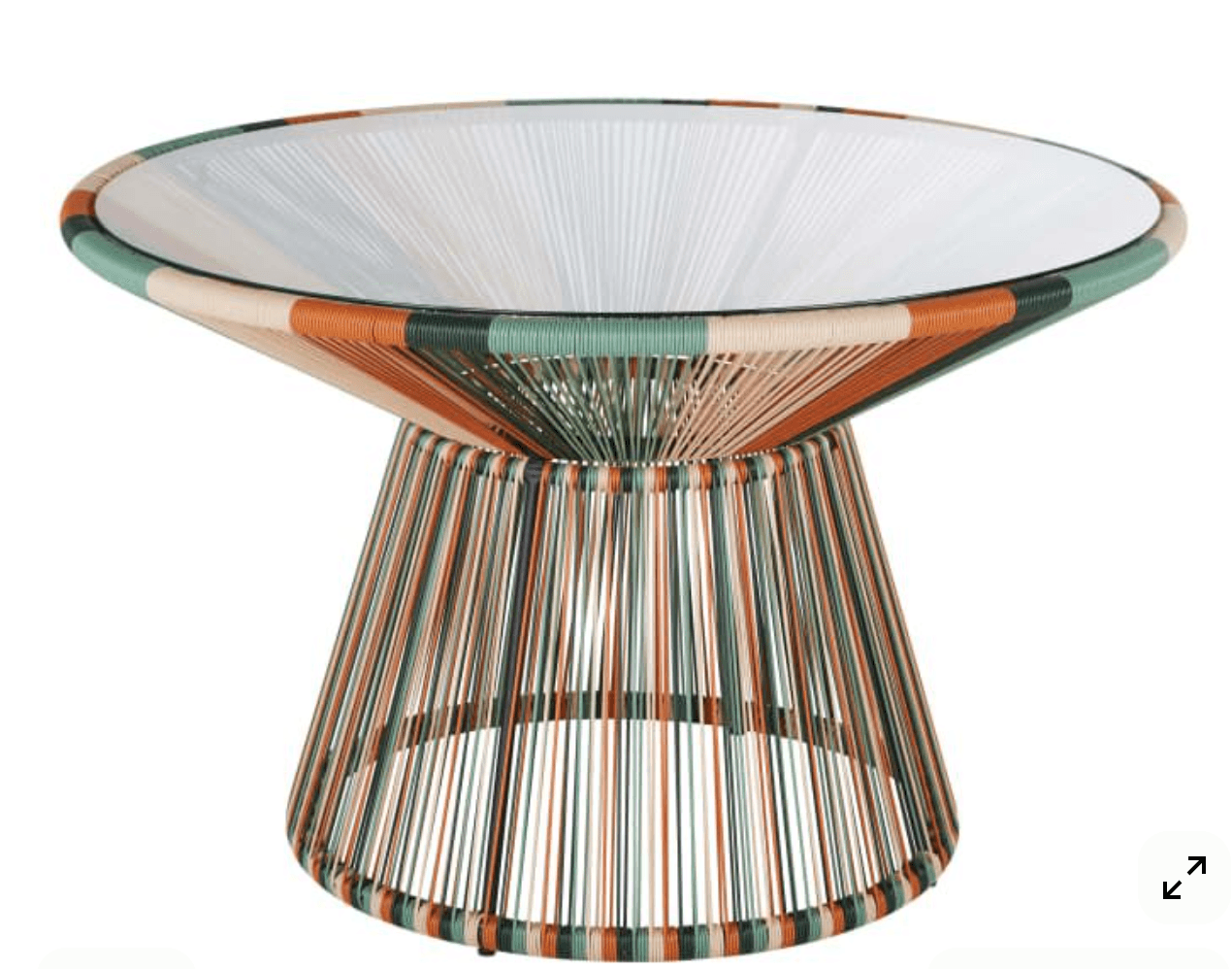 A side table with a glass top and a woven base. The base is constructed from numerous colorful strands of string or cord, creating a visually dynamic pattern. The strands are woven in a radial pattern for the top and vertically for the base, which tapers from the tabletop downwards. — 3D model
