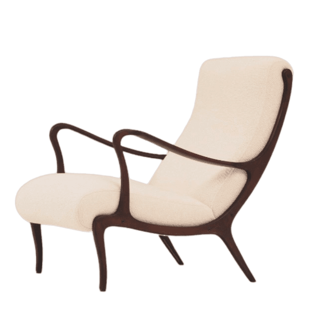 A modern armchair with a dark wood frame and a cream-colored upholstered seat and back. The frame features gracefully curved armrests and slender, splayed legs, creating a sculptural and organic silhouette. The upholstery appears to be a textured fabric, possibly boucle or a similar woven material. — 3D model