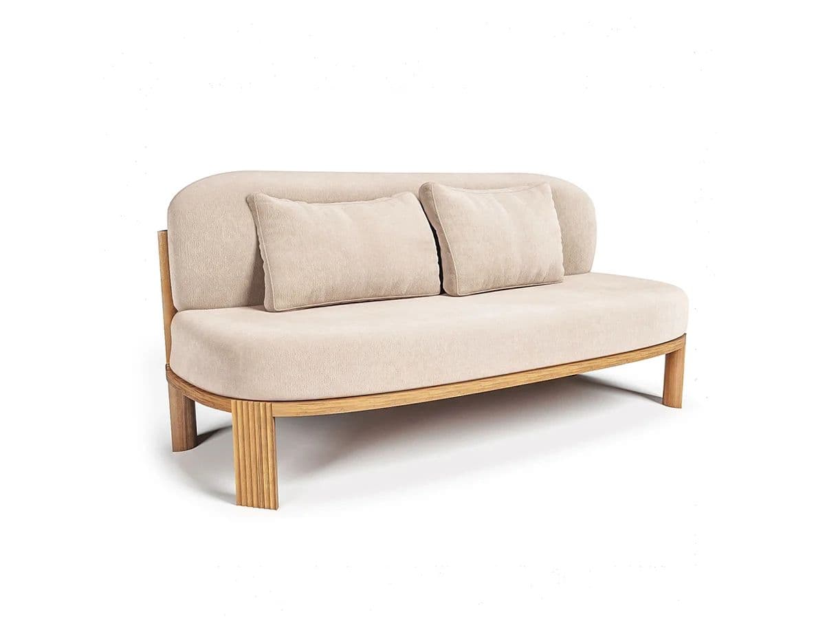 A contemporary loveseat featuring a curved, upholstered backrest and seat, supported by an exposed light wood frame. The front legs exhibit a distinctive fluted detail, and it includes two loose back cushions. — 3D model