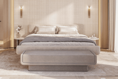A modern upholstered bed frame with a detached, rectangular headboard and an integrated footboard that extends into a bench-like structure. The bed features a low profile design with clean lines. The upholstery appears to be a textured fabric. — 3D model