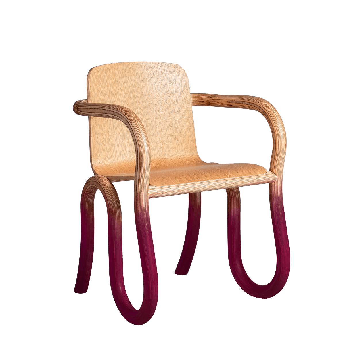A contemporary armchair with a bentwood frame. The seat and back are formed from molded plywood, showcasing a natural wood grain. The armrests and legs are constructed from curved, tubular elements. The lower portions of the legs feature a gradient finish transitioning from the natural wood tone to a deep magenta. — 3D model