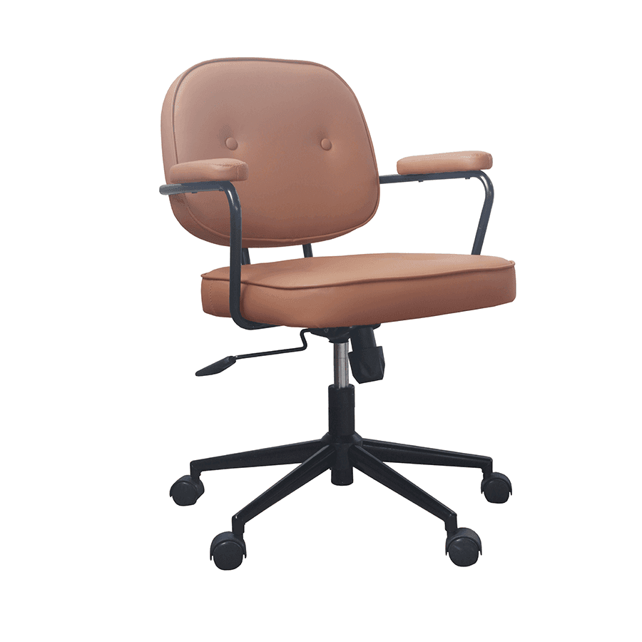 A modern office chair featuring a five-star caster base and upholstered seating surfaces. It has a black metal frame and base, with padded seat and backrest upholstered in a cognac-brown material. The backrest includes two decorative buttons. It is equipped with integrated armrests, a swivel function, and a height adjustment mechanism. — 3D model