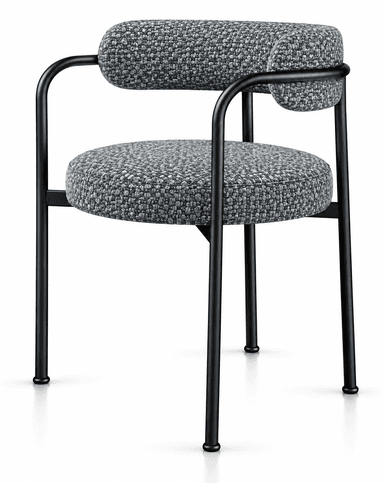 An armless contemporary dining chair featuring a black tubular metal frame and upholstered seat and back cushions in a speckled blue and grey fabric. — 3D model