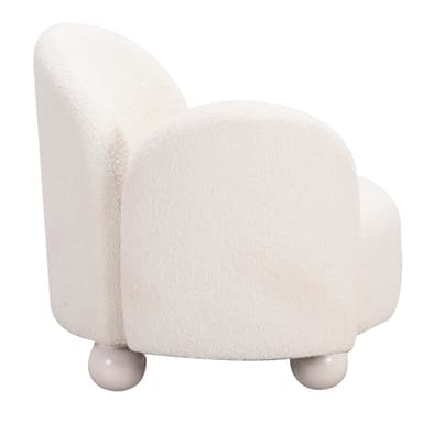 A contemporary armchair featuring an asymmetrical design with a single armrest. It is upholstered in a textured, cream-colored boucle fabric, presenting a soft and rounded silhouette. The chair is supported by four spherical ball feet, providing a distinctive and stable base. Its overall aesthetic is plush and modern. — 3D model