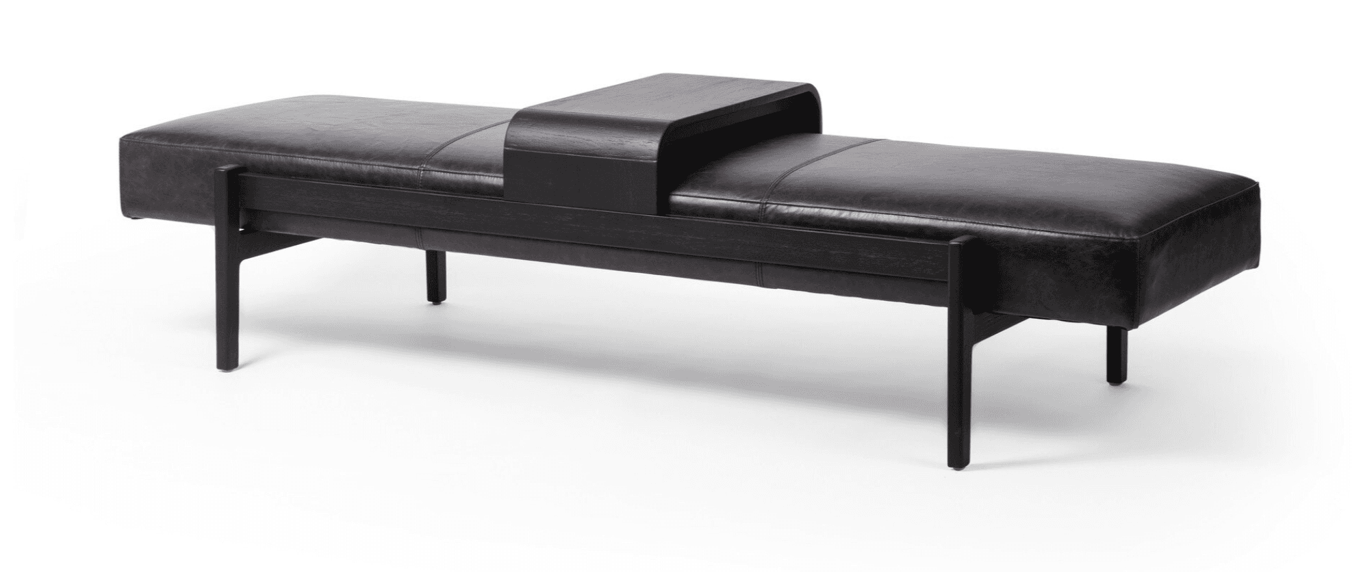 A modern long rectangular bench upholstered in dark brown distressed leather, featuring a sleek black wooden frame and legs. An integrated, curved wooden tray, also in dark wood, is positioned centrally, interrupting the upholstered seating surface. — 3D model