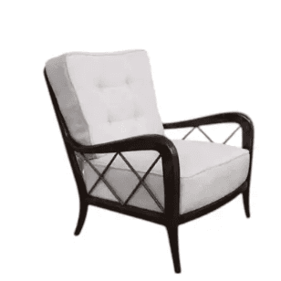 A dark wood frame lounge chair featuring white upholstered cushions with button tufting on the backrest, and distinctive lattice-patterned side panels. — 3D model