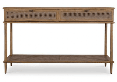 A long, narrow console table made of light-toned wood, featuring two drawers with cane webbing fronts and a lower open shelf also made of cane webbing. The table has slender, tapered legs. — 3D model