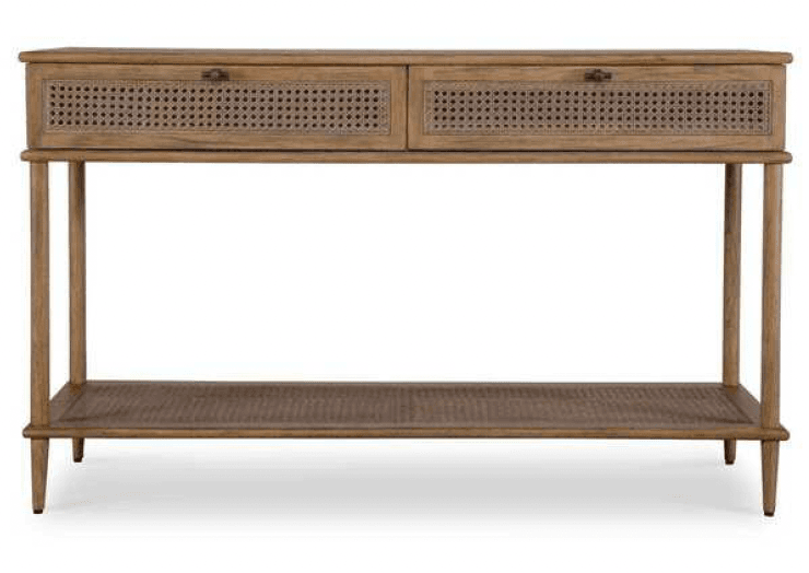 A long, narrow console table made of light-toned wood, featuring two drawers with cane webbing fronts and a lower open shelf also made of cane webbing. The table has slender, tapered legs. — 3D model