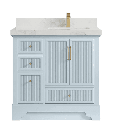 A light blue bathroom vanity with a white marble countertop and an integrated white ceramic sink. It features a brass single-hole faucet and matching brass hardware. The cabinet includes three vertically stacked drawers on the left, a single door cabinet on the top right, and a horizontal drawer below the door. The drawer and door fronts are adorned with vertical fluted paneling. The vanity stands on a plinth base with a decorative cut-out on the bottom right. — 3D model
