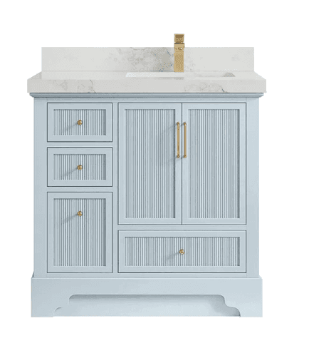 A light blue bathroom vanity with a white marble countertop and an integrated white ceramic sink. It features a brass single-hole faucet and matching brass hardware. The cabinet includes three vertically stacked drawers on the left, a single door cabinet on the top right, and a horizontal drawer below the door. The drawer and door fronts are adorned with vertical fluted paneling. The vanity stands on a plinth base with a decorative cut-out on the bottom right. — 3D model