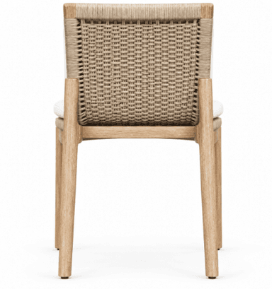 An armless dining chair featuring a light-toned solid wood frame, a seat base crafted from tightly woven natural fiber (appearing as rope or rattan), and removable upholstered cushions for both the seat and backrest in a white or off-white fabric. — 3D model
