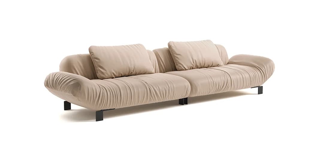 A contemporary sofa featuring distinctive ruched or gathered upholstery in a light beige or taupe color, supported by minimalist black metal legs. The sofa has a plush, organic form with two separate seat cushions and two loose back cushions. — 3D model
