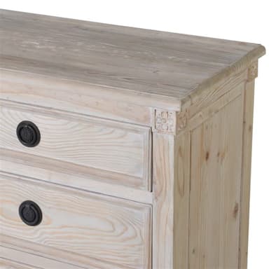 A rectangular dresser constructed from light-colored, whitewashed wood with a distressed finish. It features six drawers arranged in two columns of three, each with a recessed panel and a single round black knob. The dresser is supported by four turned legs. — 3D model