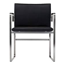 A contemporary dining armchair featuring a polished chrome open frame and black upholstered seat and backrest. The frame forms continuous armrests and legs, with a horizontal stretcher bar for stability. — 3D model