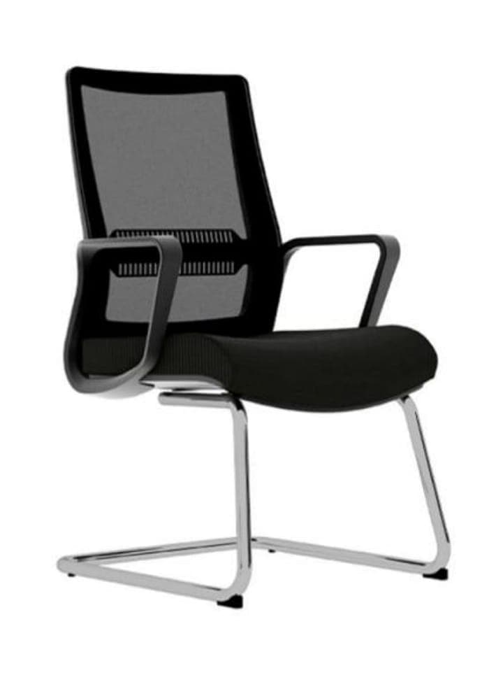 A contemporary black office chair with a breathable mesh back, upholstered fabric seat, and a polished chrome cantilever base, featuring fixed armrests. — 3D model