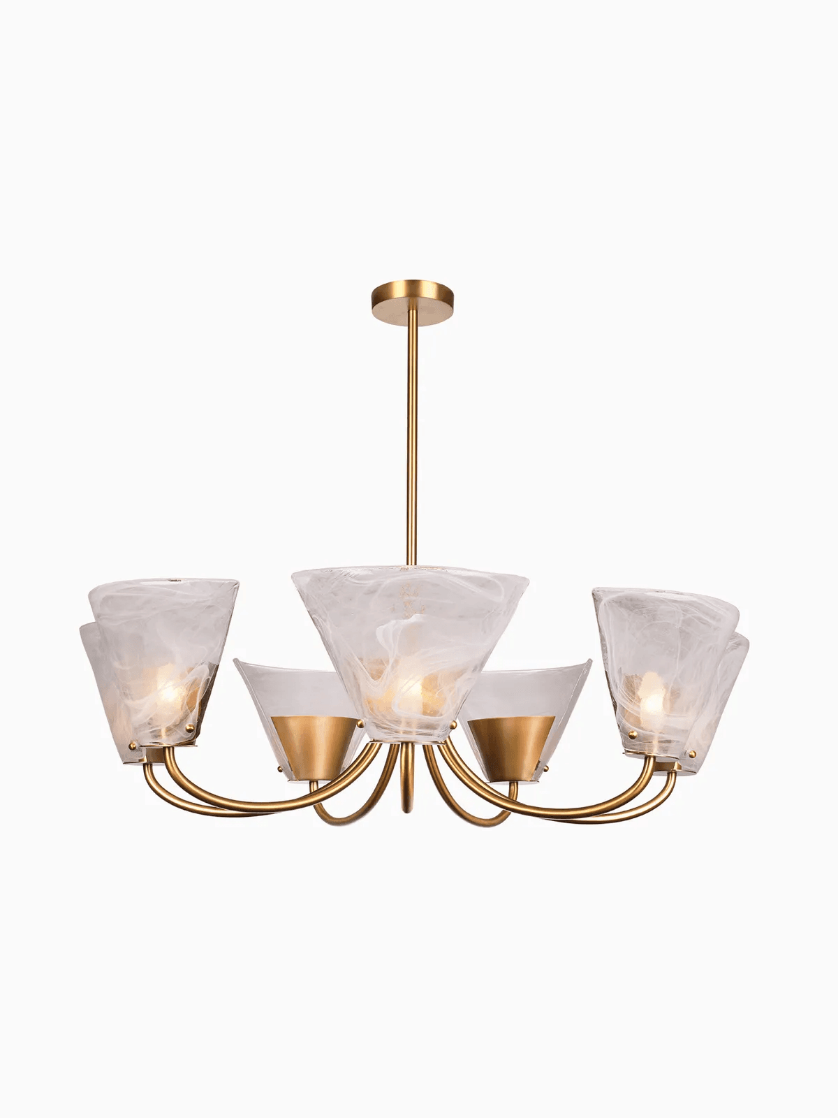 A six-light chandelier featuring a polished brass finish and inverted conical shades made of white, swirled glass that mimics alabaster. The central stem connects to a circular ceiling canopy, from which six curved arms extend, each holding a shade. — 3D model