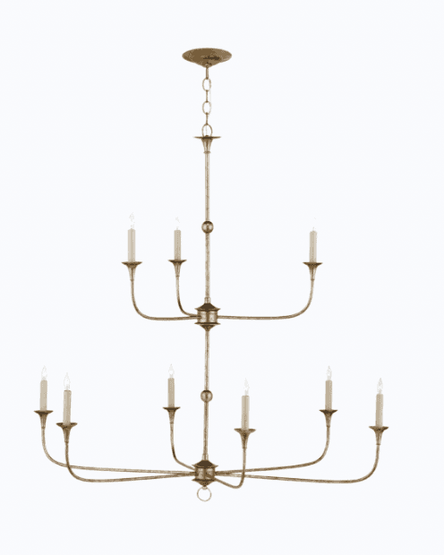 A two-tiered chandelier with a central stem and multiple arms extending outwards to hold candle-shaped lights. The chandelier is suspended by a chain and a circular canopy. It has a rustic or antique aesthetic. — 3D model
