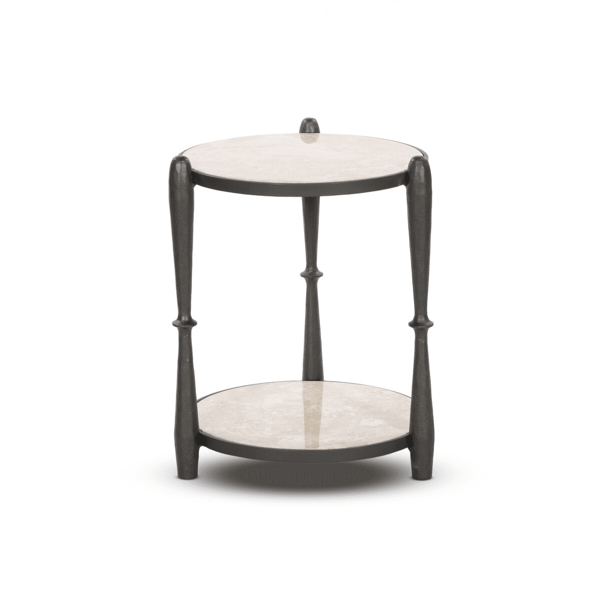 A round, two-tiered end table with a dark metal frame and light-colored, possibly marble or granite, tops. The frame features four legs with a distinctive, decorative middle section, and two central supports that connect the two tiers. The overall design suggests a contemporary or transitional style. — 3D model
