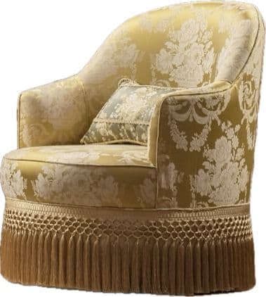 A luxurious upholstered armchair featuring a barrel-back design, rounded arms, and a full skirt with a decorative fringe. The chair is covered in a golden-yellow jacquard or brocade fabric with an intricate floral pattern in a lighter tone. A small decorative cushion in a complementary pattern rests on the seat. — 3D model