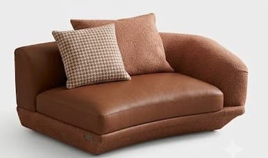 A contemporary left-arm chaise lounge featuring a rich brown leather seat cushion and a textured bouclé fabric base and right side. It includes a single left armrest, while the right side slopes gently downwards, suggesting it could be part of a larger modular sofa system or function as a standalone lounge piece. Two accent pillows, one patterned and one solid, are placed on the seat. — 3D model