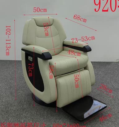 A modern reclining massage chair featuring a heavily padded, upholstered body in a light beige or cream color. The chair has prominent black accents on the armrests and side panels, which house integrated control buttons. It includes a multi-sectional backrest, a plush headrest, and an extendable footrest that emerges from the base of the seat. The chair rests on a circular, low-profile black base, suggesting a stable and possibly swiveling mechanism. The overall design emphasizes ergonomic comfort and technological integration for relaxation. — 3D model