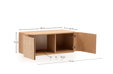 A wall-mounted wooden cabinet with a minimalist design. It features two cabinet doors with a vertical wood grain pattern and rounded side edges. The top surface is flat and also has rounded edges, suggesting a continuous curved form around the sides. — 3D model