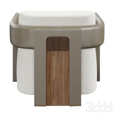A contemporary armchair featuring a textured boucle upholstery in an off-white color. The armchair has a distinctive design with angular, wide armrests and a backrest that appears to be a single, continuous piece. The armrests are constructed from a smooth, solid material, possibly wood or a composite, finished in a muted taupe or grey tone. The base and legs are integrated into the armrest structure and are of a similar material and color. — 3D model