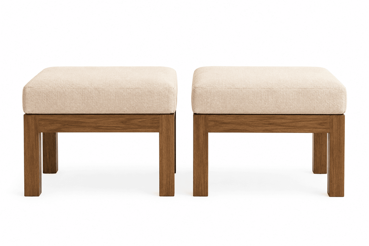 Two identical, rectangular upholstered ottomans with simple wooden frames and square block legs. The upholstery is a light beige textured fabric, and the wood is a medium brown tone. — 3D model