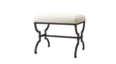 A rectangular upholstered bench featuring a dark, ornate wrought iron frame with an antique finish and a light-colored fabric seat. — 3D model