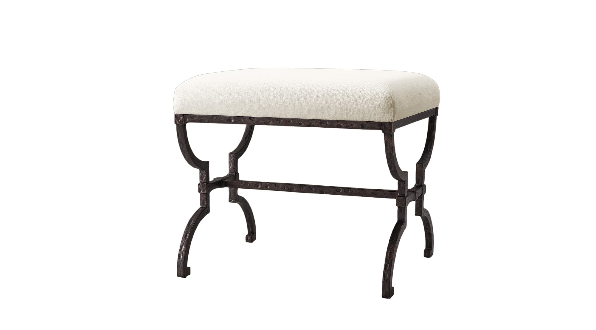 A rectangular upholstered bench featuring a dark, ornate wrought iron frame with an antique finish and a light-colored fabric seat. — 3D model