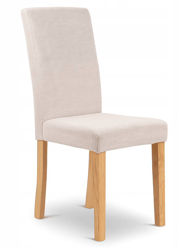 A contemporary dining chair featuring a fully upholstered seat and backrest in a light beige, textured fabric. The chair stands on four solid wooden legs that taper slightly towards the bottom. The backrest is tall and gently curved, providing support, while the seat is a standard rectangular shape. The overall design is clean and minimalist. — 3D model