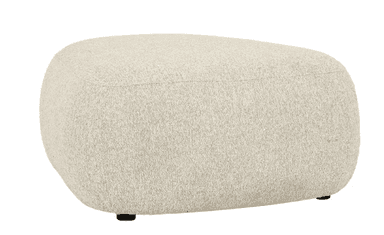 A contemporary, rounded ottoman upholstered in a light beige, textured fabric, resting on small, dark-colored feet. — 3D model