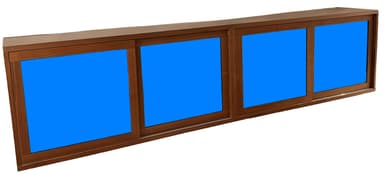 An elongated, low-profile furniture unit featuring a wooden frame and four sliding door panels. The panels exhibit a warm, medium-brown wood grain, with the interior portions currently rendered as solid blue placeholders. The unit is designed with a sleek, minimalist aesthetic, suitable for various storage needs. The sliding mechanism suggests efficient use of space without outward swinging doors. — 3D model